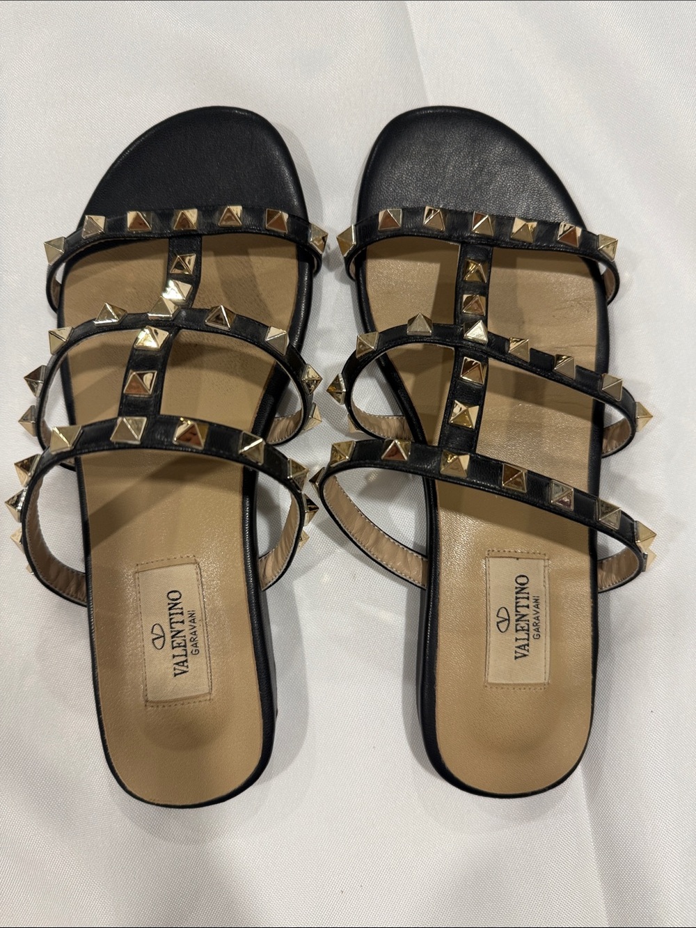 Valentino Garavani Black Leather Rockstud Triple-Strap Slide Sandals